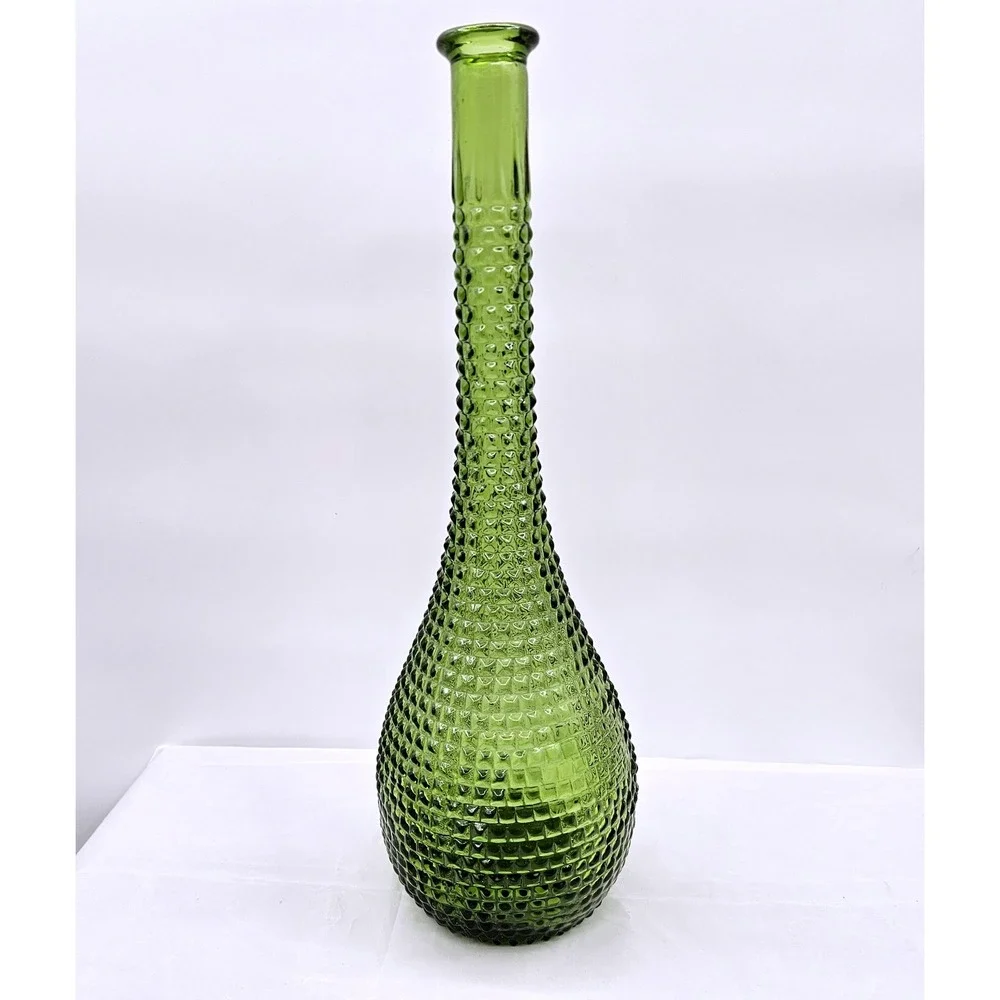 Vintage Mid Century Green Glass Genie Bottle Decanter Hobnail 15.5